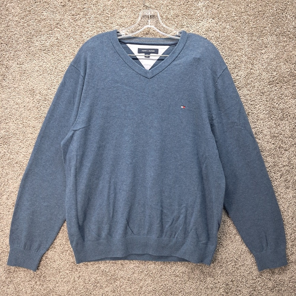 Tommy Hilfiger Mens Blue V-Neck Cotton Knit Pullover Sweater Large L 7950